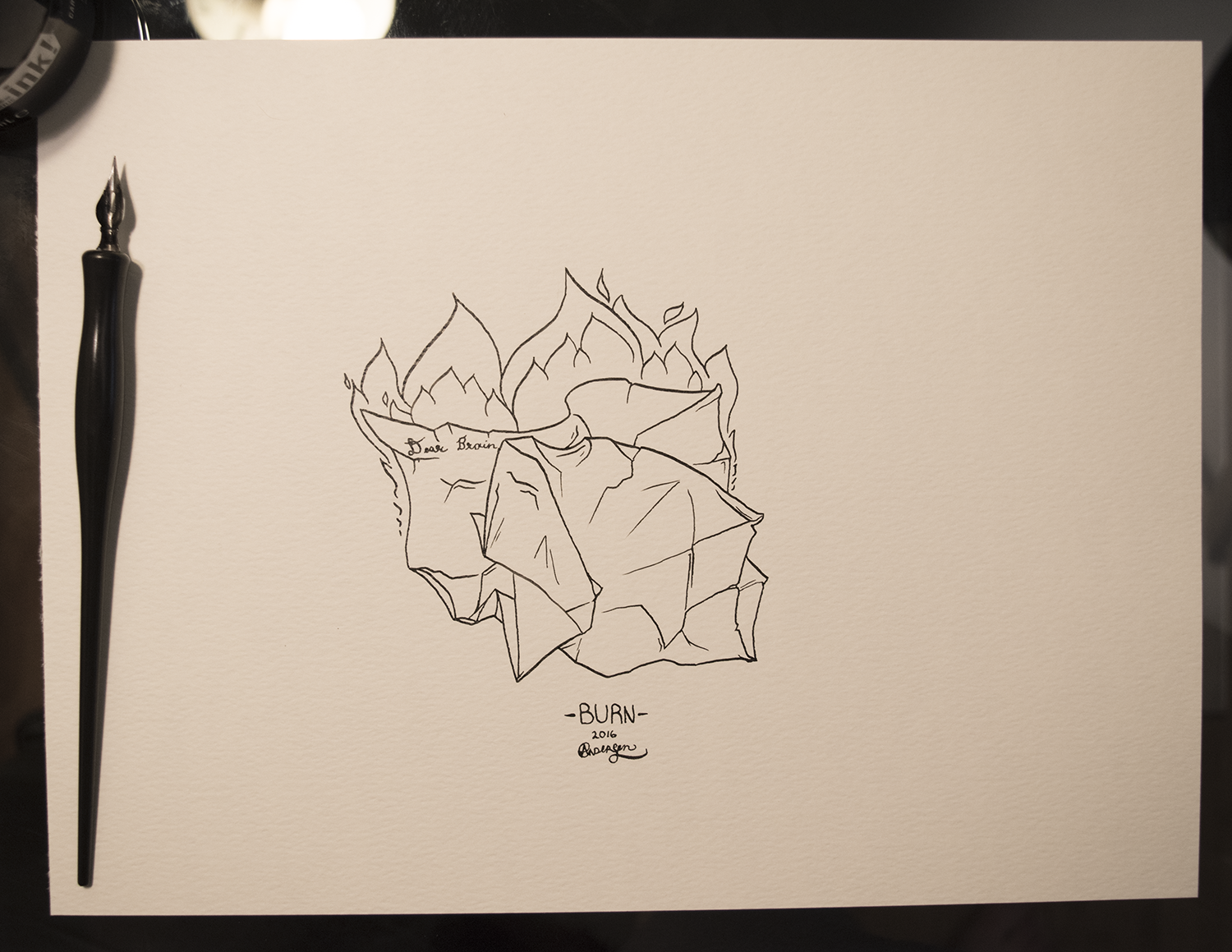 Original piece as shown, black ink on white 90lb paper, 9x12.