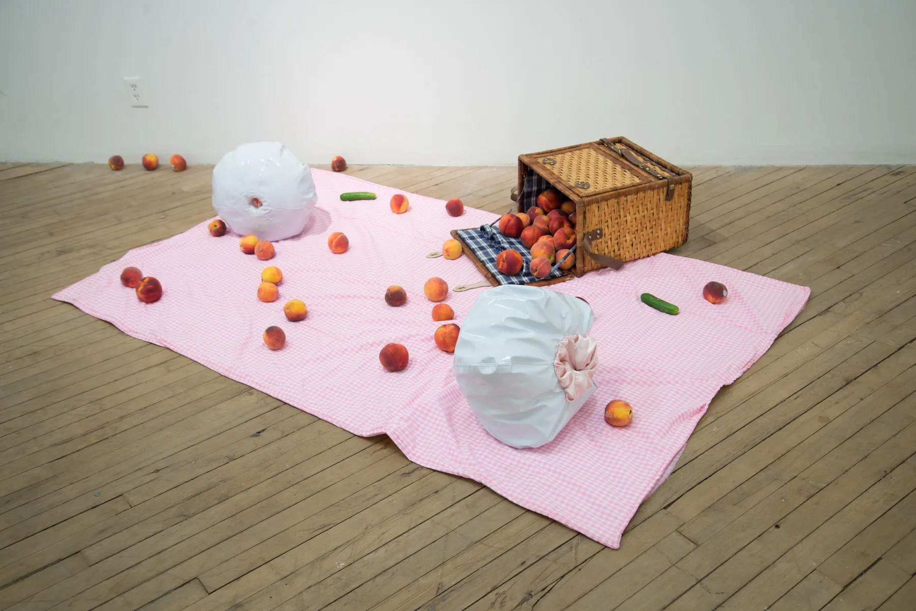 cotton, fleece, rayon, vinyl, satin, fiber fill, beads, peaches, cucumbers, found picnic basket