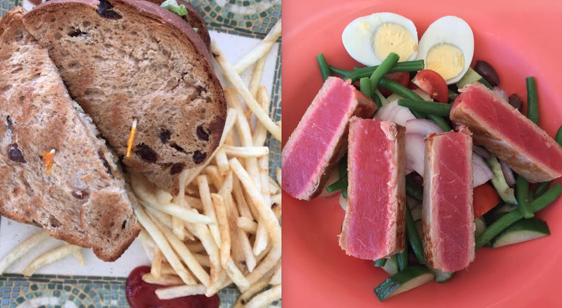 Fish sandwich on raison bread on the left (weird sounding combo, but it's actually pretty good!). Nicoise salad on the right with huge chunks of tuna! I'll let you guess which one I ordered.