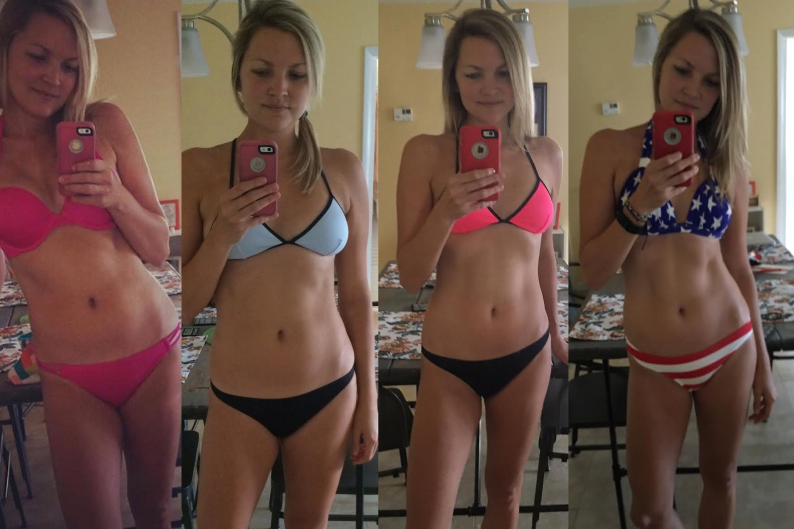 pink bikini - before photo; blue bikini - after two rounds of 21 day fix; pink/black bikini - several rounds of a mixture of 21 day fix and 21 day fix extreme; american flag bikini - what i work to maintain (still doing the mix of workouts plus any other random fun active thing i can)!