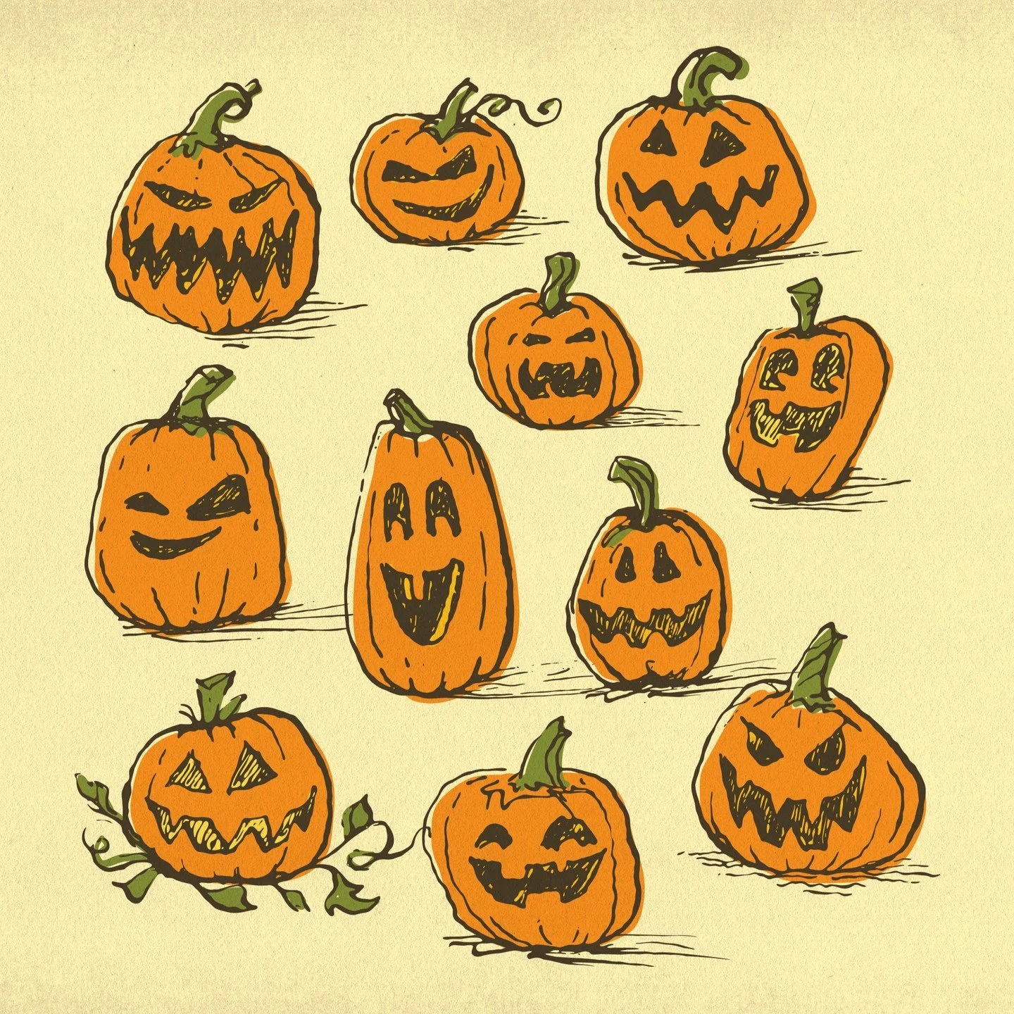 A lovely bunch of Jack O' Lanterns. I didn't deocrate my flat so instead I'm filling pages of my sketchbook with tiny Halloween items. Some more cute than others. 

#spookyillustration #halloweenillustration #kidlitart #illustration #art #picturebook