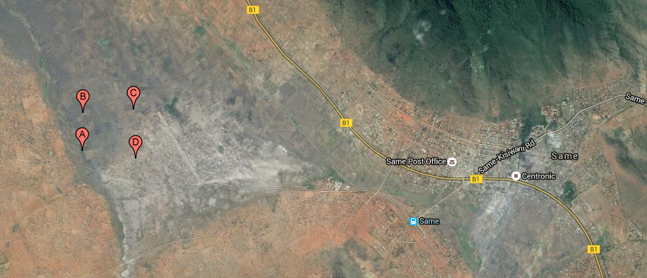 A satellite image showing the town of Same and the future location of the Same Polytechnic College campus to the east indicated by the four pins A through D.