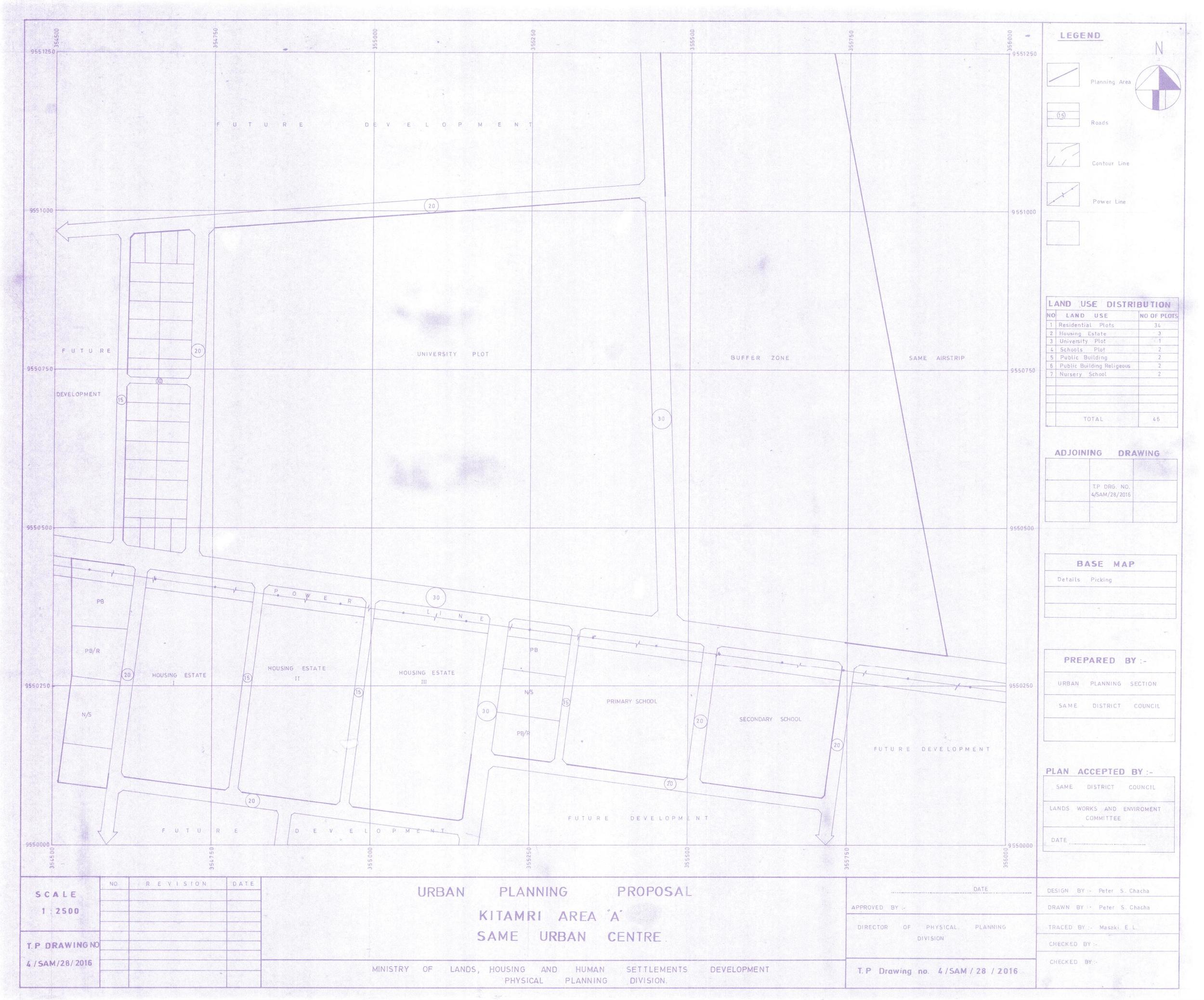 The urban planning proposal drawing from the District Land Office of Same showing the future location of the Same Polytechnic College marked as "UNIVERSITY PLOT".