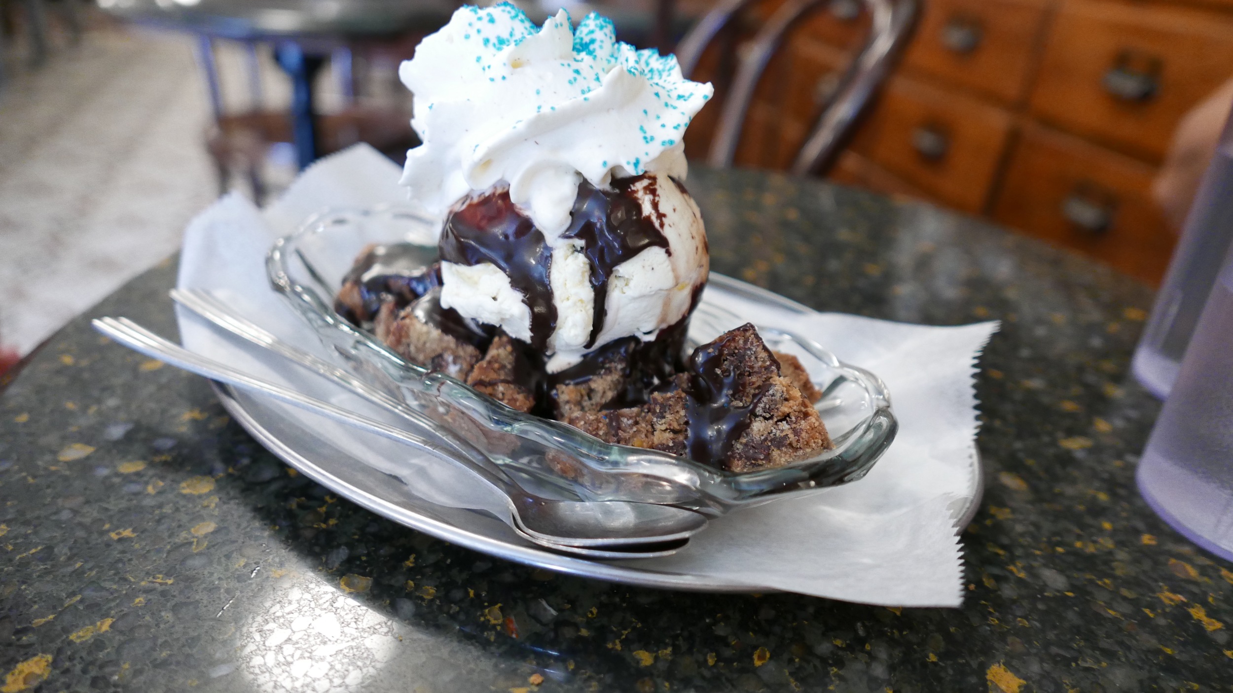 I ordered the Cookie Monster Sundae. It had cookies, mint ice cream, fudge, whipped cream and blue sprinkles.