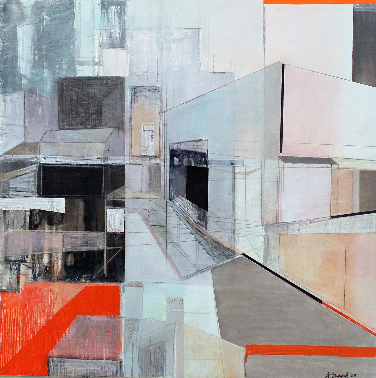 Architectural Progression 3, 24"x24", Mixed Media on Wood Panel