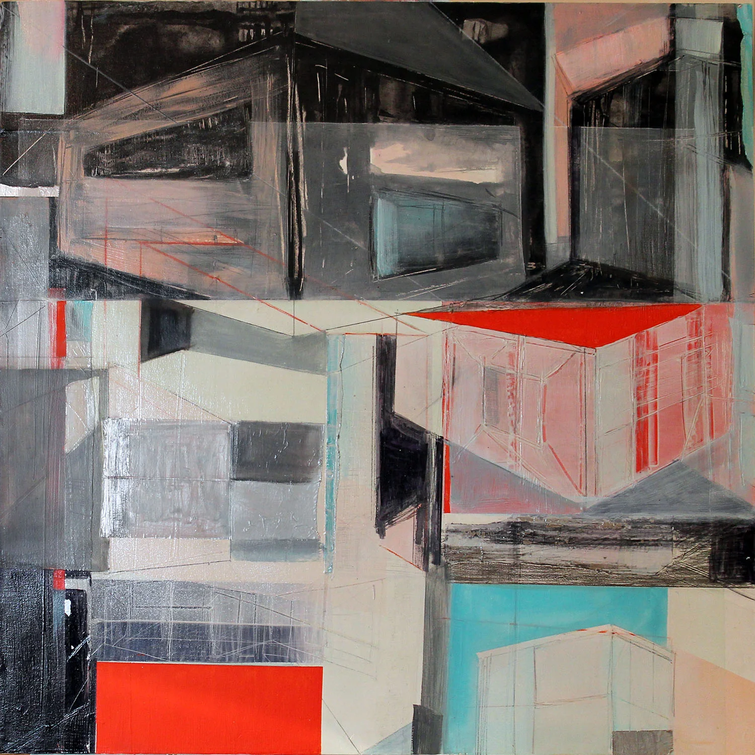 Architectural Progression 4, 24"x24", Mixed Media on Wood Panel