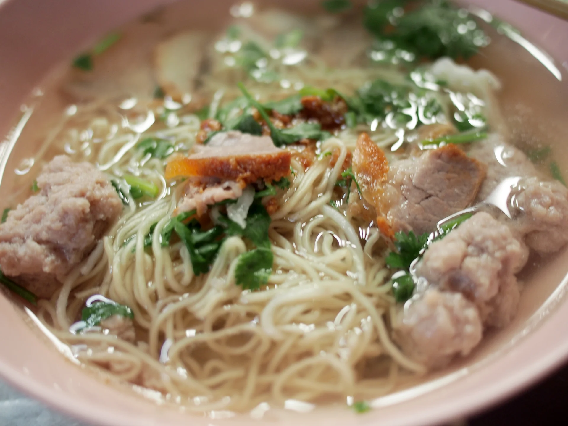 Pork bamee with clear soup, noodle stall, 100 Year Market, Samchuk, Thailand.