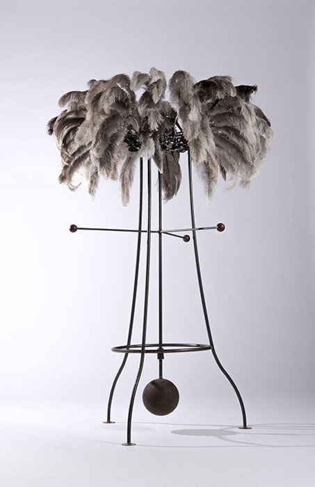 Alex Sanson, Murmuring 2016, carbon steel, stainless steel, ostrich feathers, bearings and pigment, 170cm x 110cm