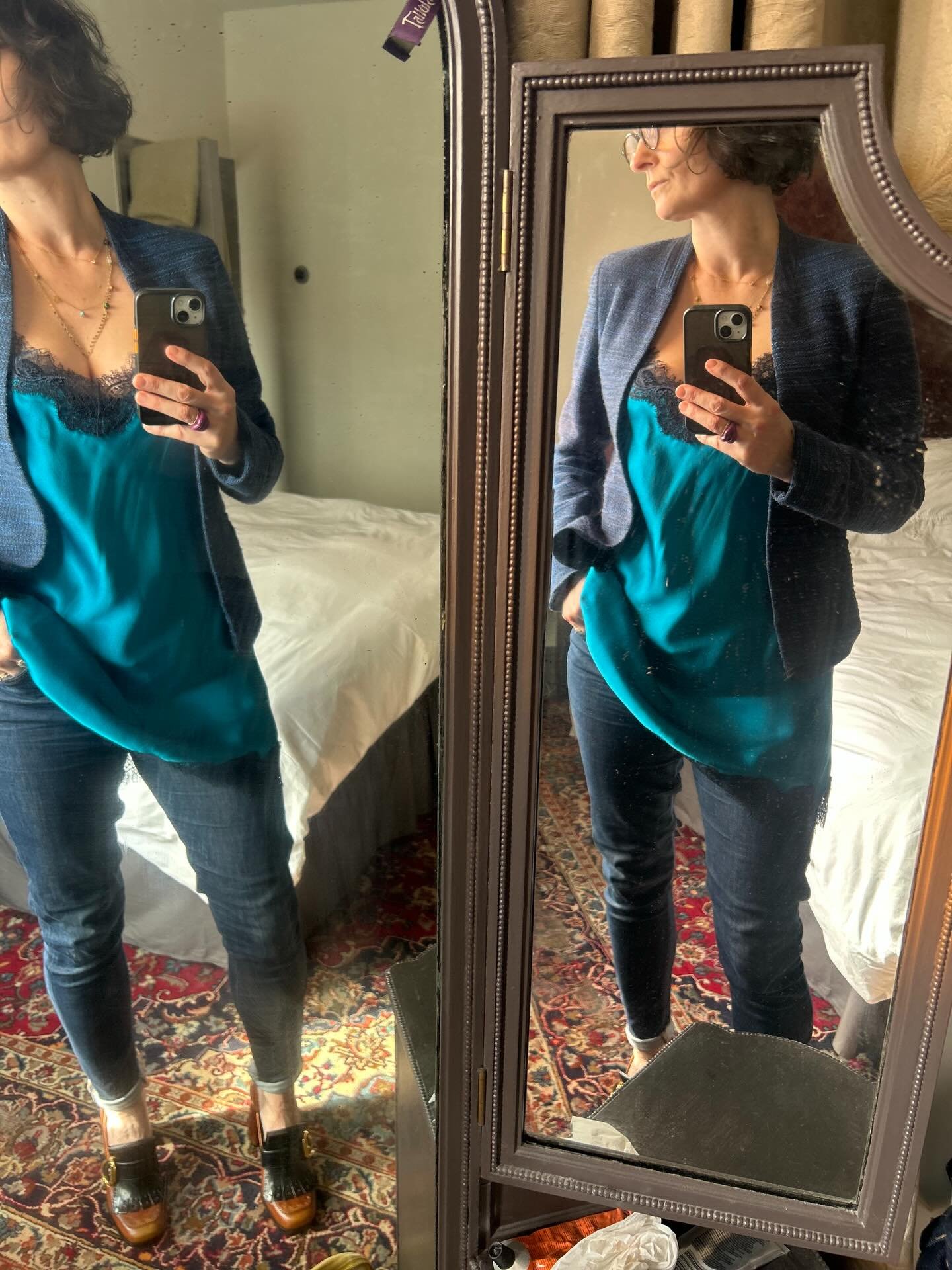 Azure blue silk and lace chemise 💙🩵💙🩵 desperate to wear her out so I&rsquo;m layering her over jeans and a tweed blazer. 
ALSO available in a camisole and matching shorts, making a super cute ensemble. ANDDDDD plenty of other colours. DM to book 