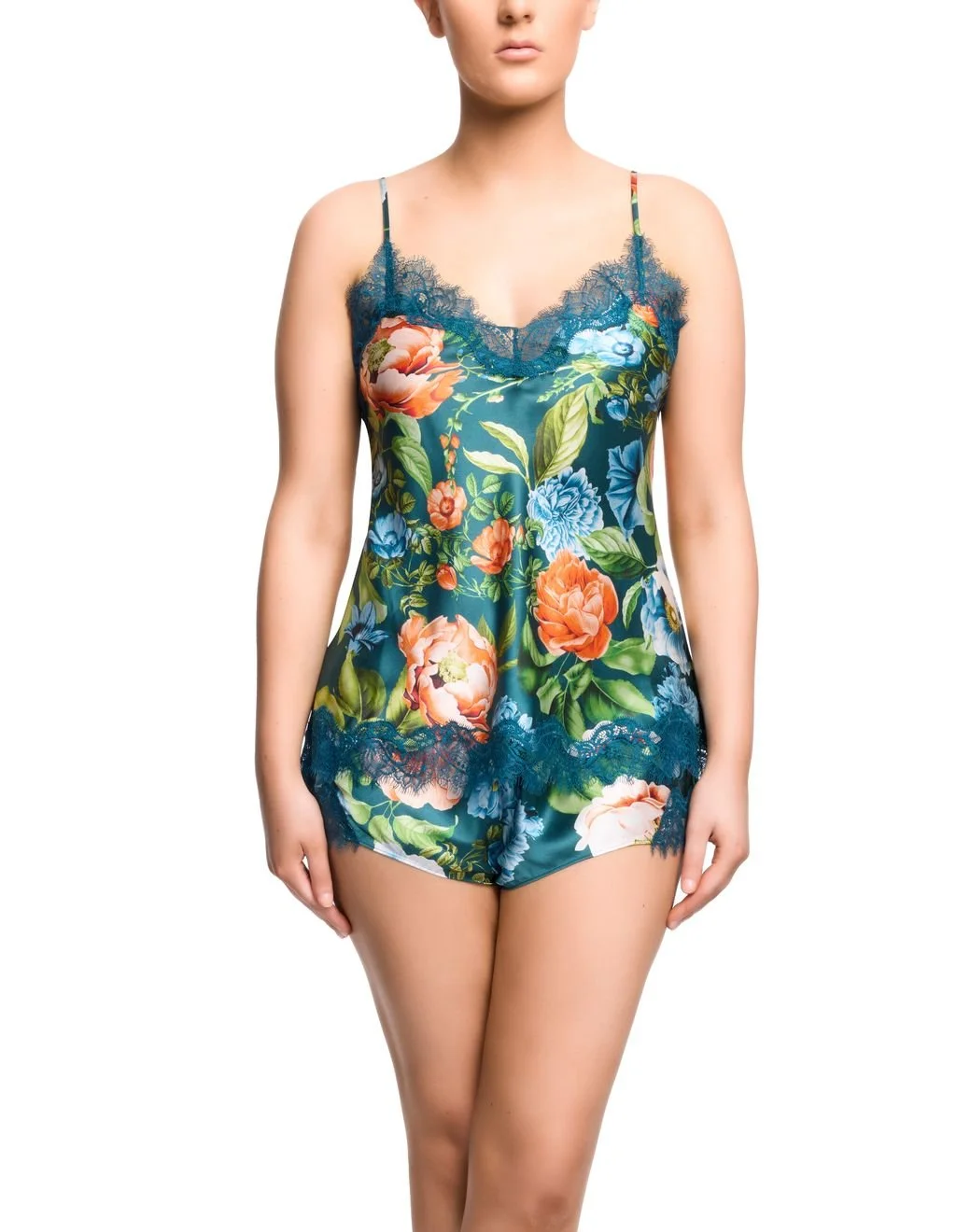 Teal Forever Flowers Printed Silk and Lace camisole
