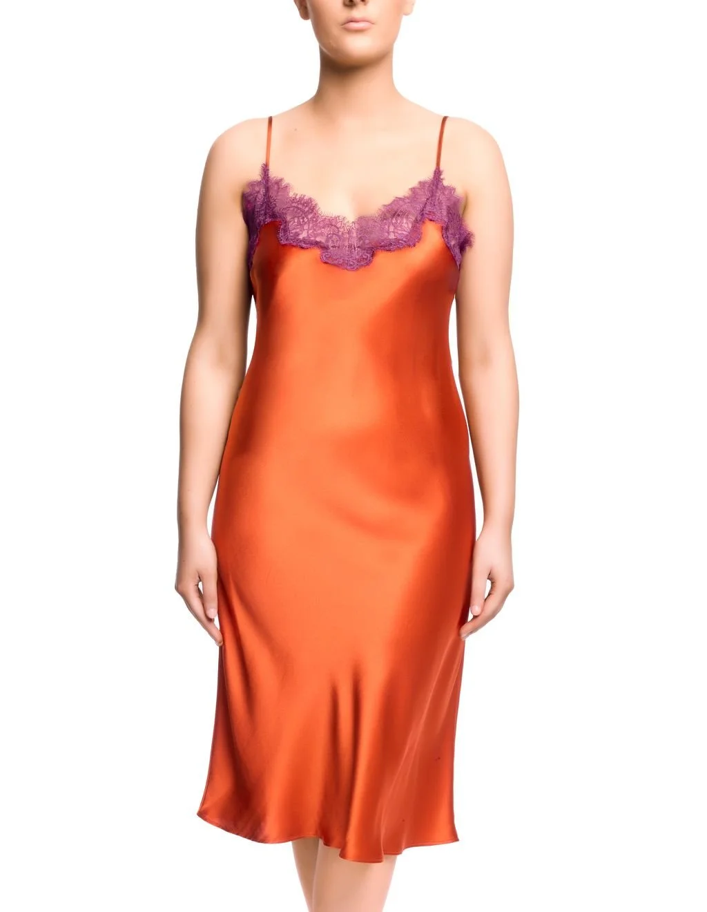 Burnt Orange Silk and Tallulah Purple Lace Midi Slip Dress