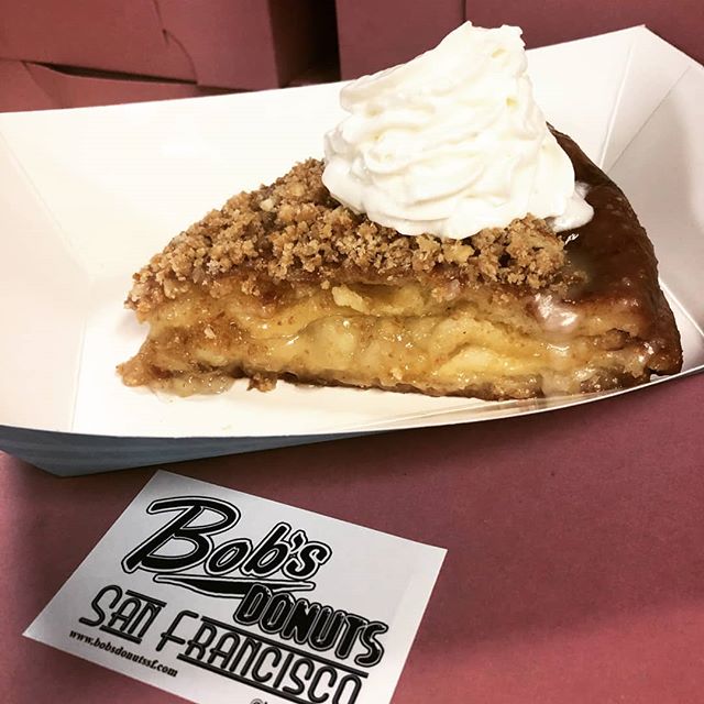 Happy 3.14!

Enjoy a ☮️ of &pi; today!

Apple filled big donut &quot;pie&quot; developed by @helena.gracie , available by the slice or whole, all day at Bob's, today only!

#piday #applepie #bobsdonutssf #bobsdonuts
#bigdonutchallenge #bigdonut #bigd