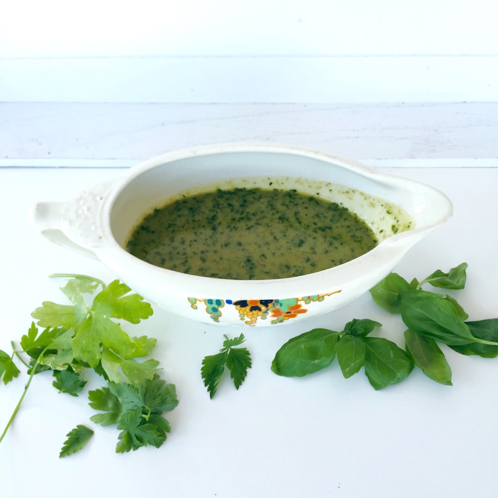 Home made salsa verde. It's a sharp, tangy sauce that goes well with fish and meat.