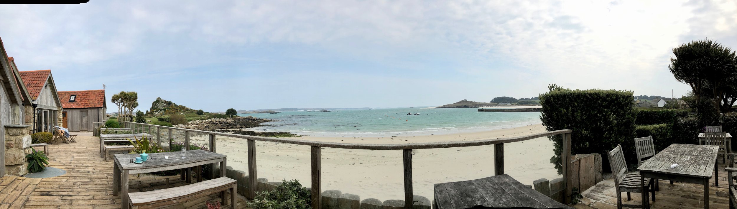 The beach view from the Ruin Beach Cafe, Tresco, Isles of Scilly.