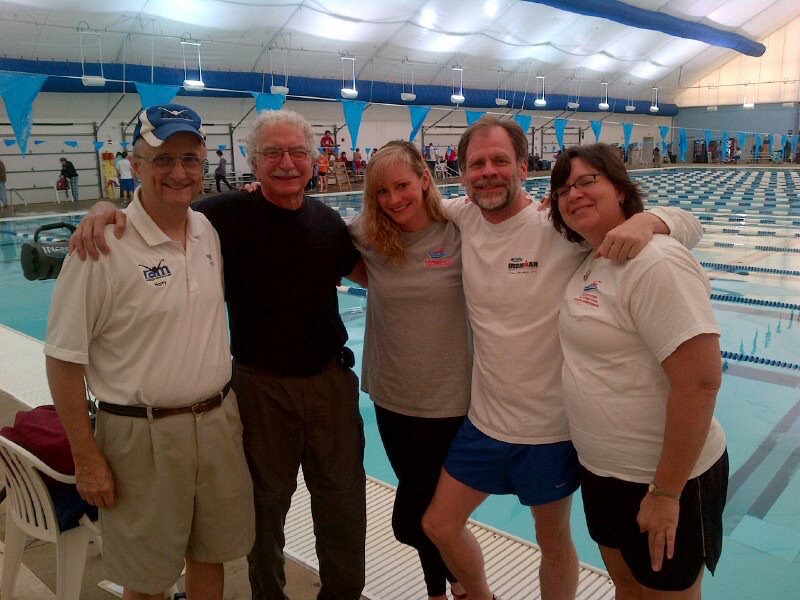 RAM team: Harry DeLong, George Simon, Erika, Fritz Lehman, and Sue Haugh volunteering at Inter City of Raleigh swim meet at Optimist