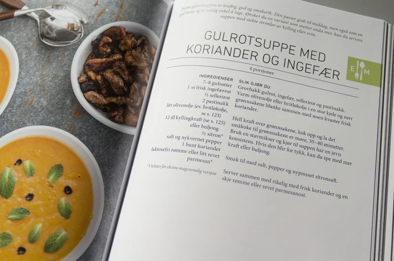 Se etter det grønne ikonet til høyre på oppskrifts sidene i boka LavFODMAP - Magevennlig mat for oppskrifter som er ekstra magevennlig.