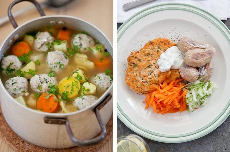 Sunne og enkle middager: Grønnsaksuppe med kyllingkjøttboller på mandag og fiskekaker med saltepoteter og rømmesaus på tirsdag. Foto: LavFODMAP - Magevennlig mat ved Espen Edin Døhlen