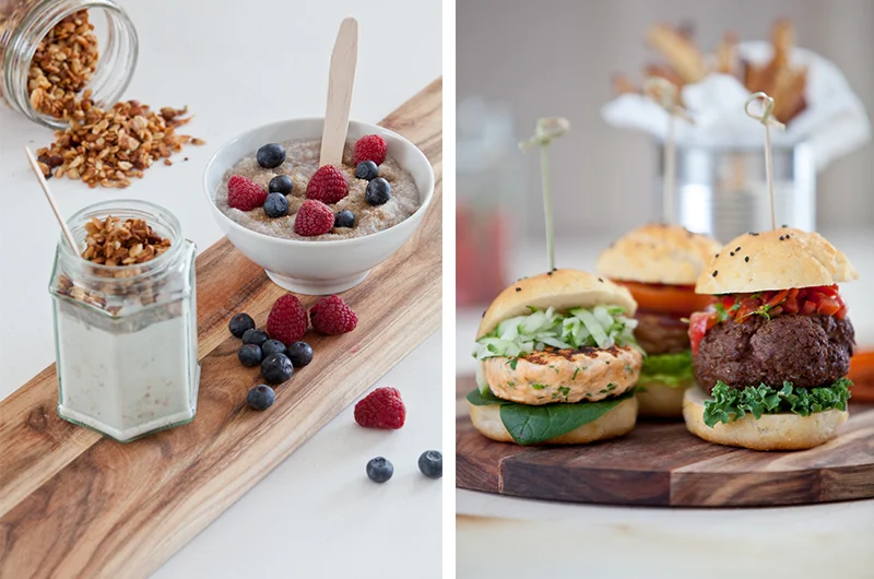 Kjøleskapsgrøt eller bokhvetegrøt gir en god start på dagen. Trio av Hamburegere er en fin avsluttning på uka og perfekt på en fredagskveld. Foto: LavFODMAP - Magevennlig mat ved Espen Edin Døhlen