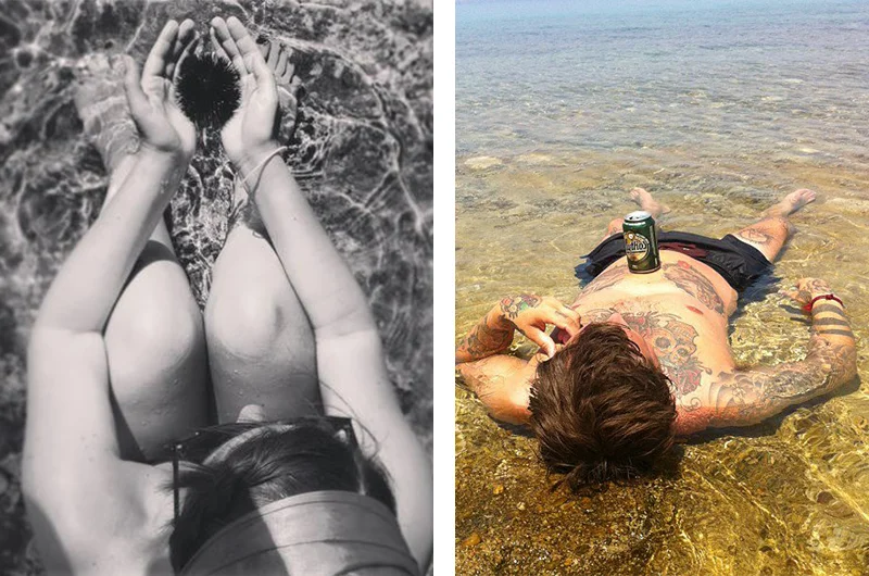 Jeg ble fascinert av de store kråkebollene i vannet, mens Espen nøy sola og det varmevannet med en øl på magen.