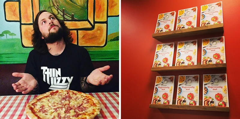 Venstre: Espen sparer til langt hår og skjegg for tiden og ser dermed litt ut som Jesus. Og pizza var "himmelsk god"... Høyre: Litteraturhuset i Bergen har stilt ut Magevennlig mat.