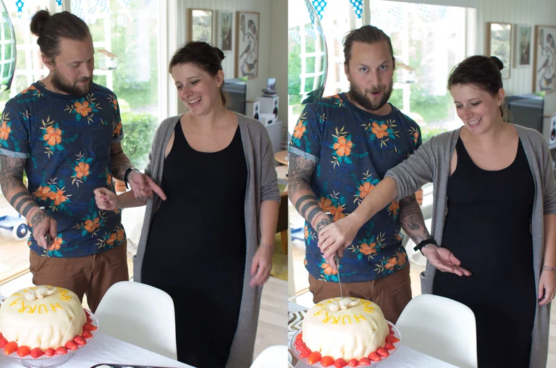 Det føltes litt makabert ut å skjære opp babien på kaka, men men... PS. selv om det ikke synes så godt i den svarte kjolen på bildene begynner magen å bli stor nå!