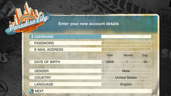 Creating an EA account in Burnout Paradise: The Ultimate Box.