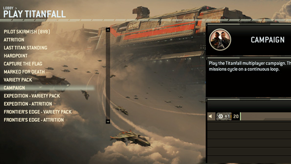 The Lobby in Titanfall where you choose a match type or play through the campaign. The last four entries are included as part of expansion pack content you can purchase.