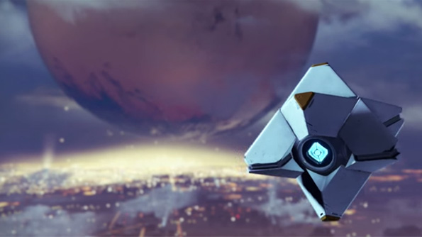 The Traveler and in the foreground a Ghost, voiced by Peter Dinklage. Screenshot taken from game play by theRadBrad on YouTube.