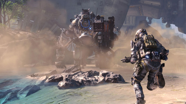 A Pilot running to engage a Titan in Titanfall. Image courtesy of Titanfall.com.