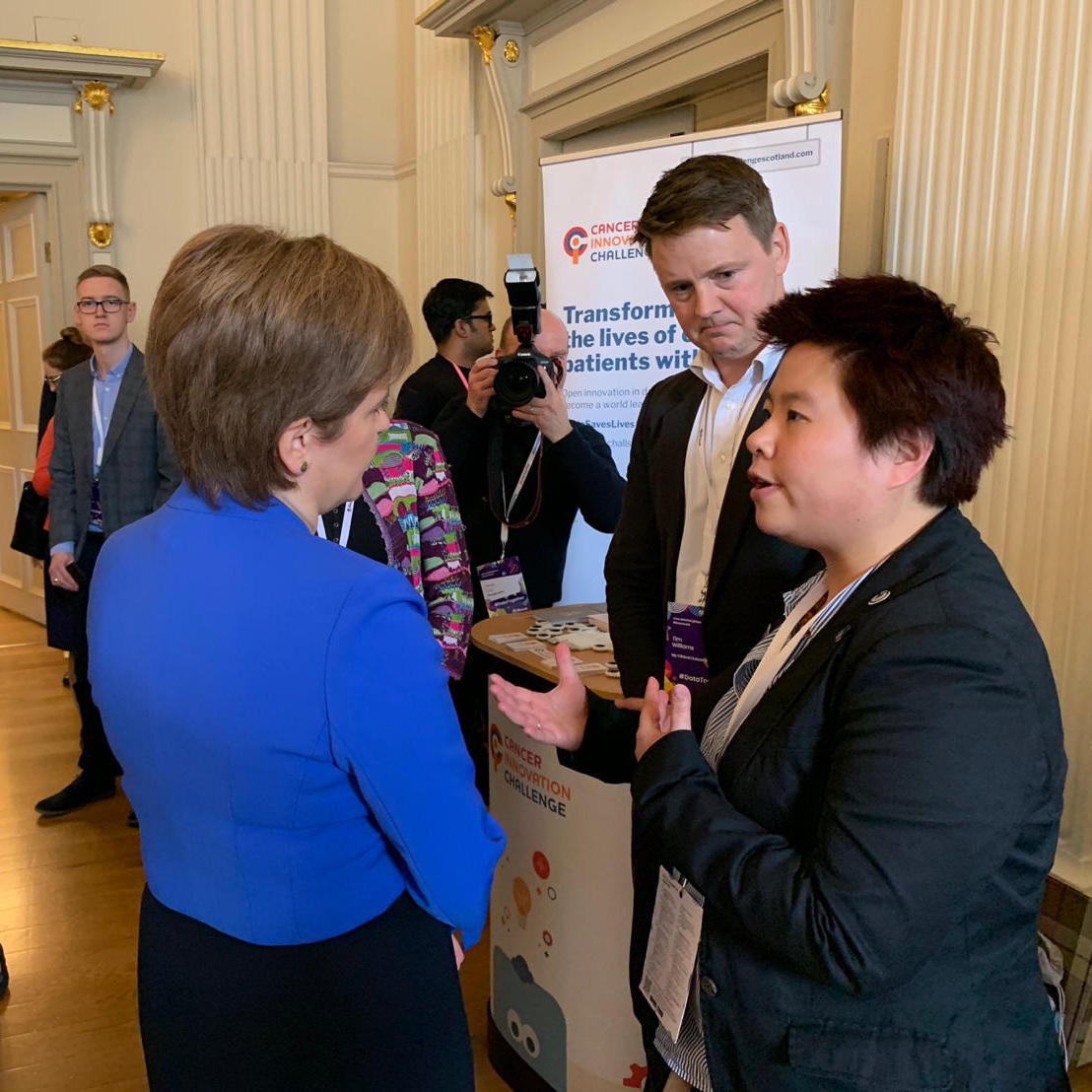 Discussing our work on the Cancer Innovation Challenge with the First Minister, Nicola Sturgeon, at Data Fest.