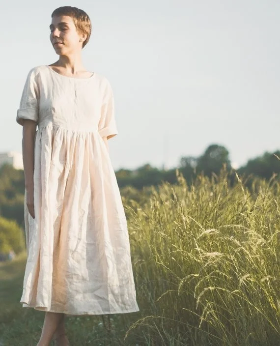 Linen Dress —Hand made in natural flax but you can custom order with other materials-with love and beauty from Russia. Material: organic soft stonewashed flax linen (handwoven), pearl buttons. Dreamy.