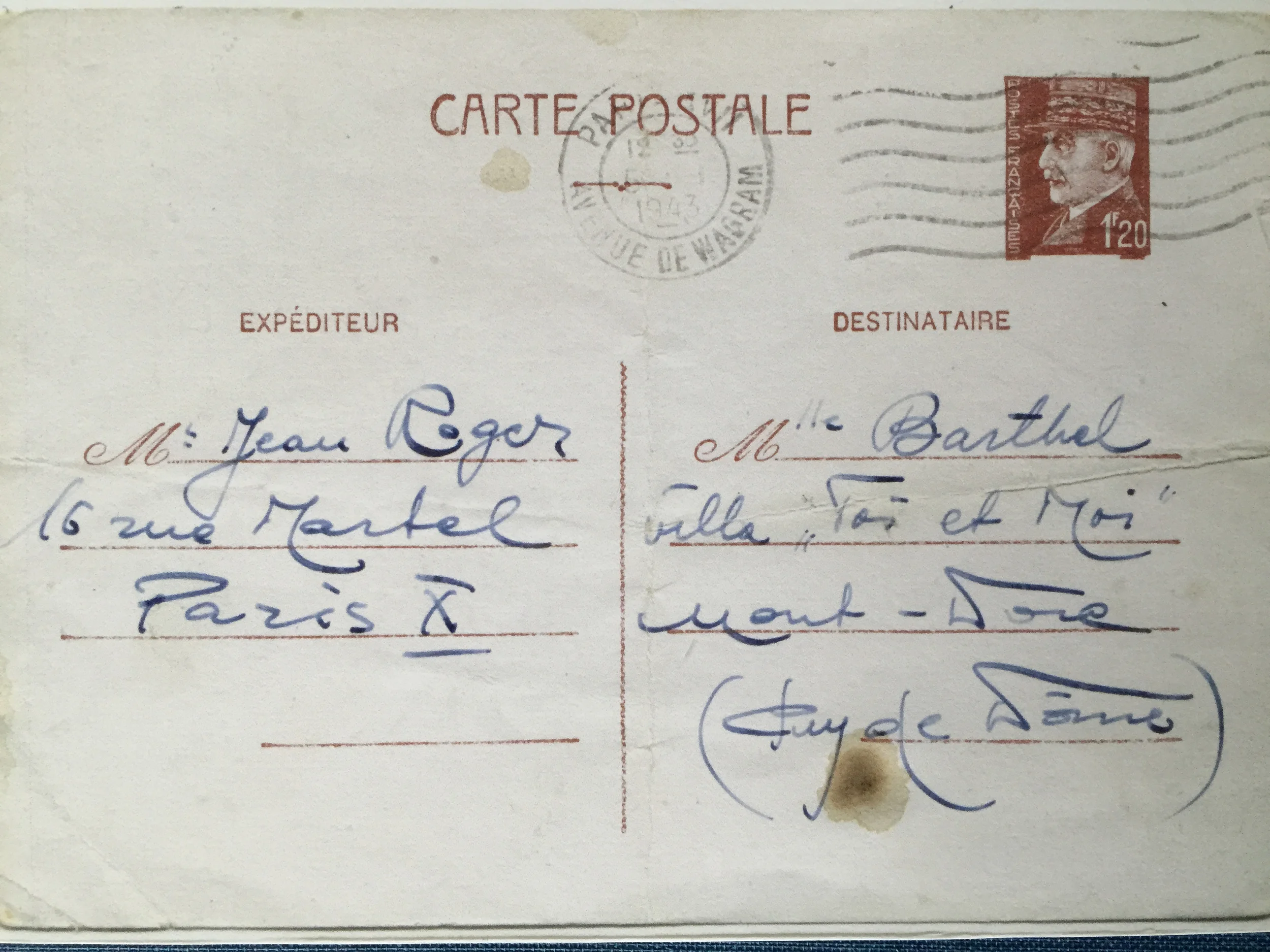 A postcard addressed to the Barthels, the name given to the Finkielsztajns while they were in hiding. (Muriel Hasbun archive.)