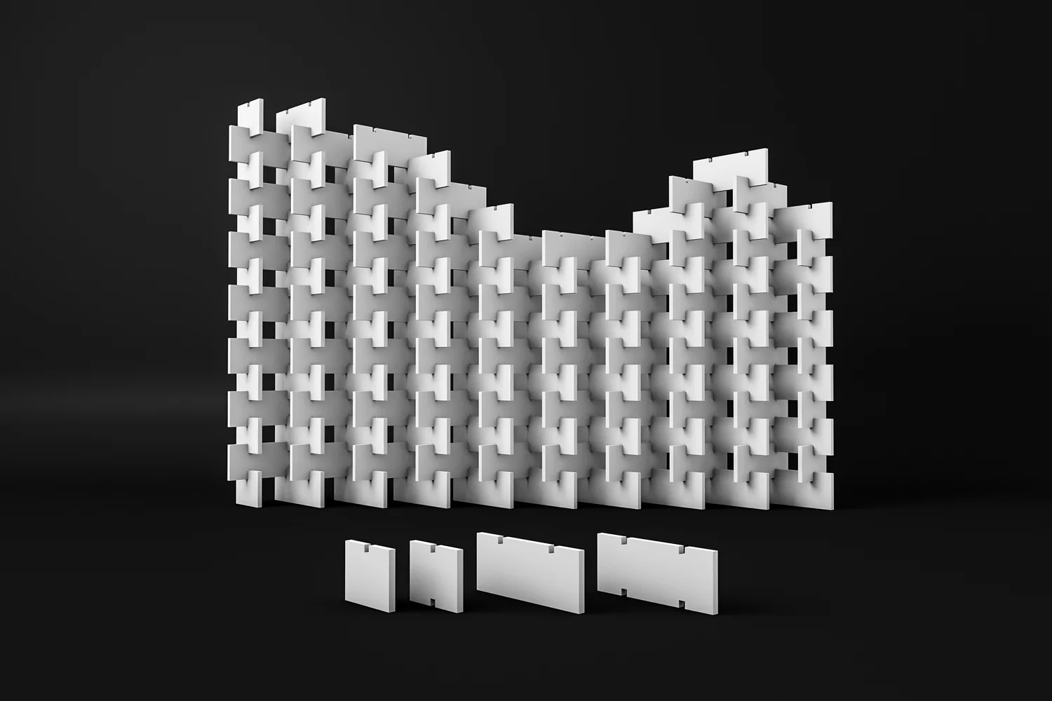 MOE I is a three-dimensional screen for music events which consists of standard polystyrene (EPS) panels that have slots carved with a scalpel for connecting to each other. Video textures are applied on each 3D panel which follows the thought pattern of the physical object. The textures are sound responsive and generated in real time for each panel separately.