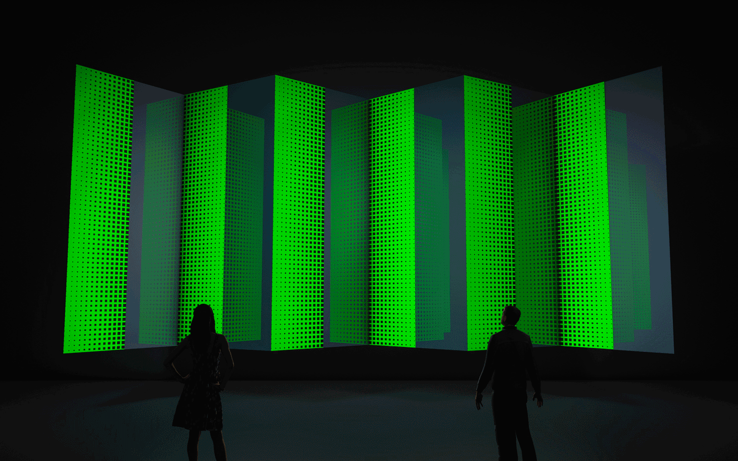Endless is a projection-based imaginary space conjured out of reflections between glassless mirrors and projection surfaces, connected at a 90° angle. The created illusion of depth and crossing animated planes challenges spatial perception, constantly changing perspective with the viewer's position in space and the projected content. The animation follows the idea of a setup and expands the optical illusion with its specific geometric forms. The setup is arranged in a “zig-zag” shape where specific surfaces are set for frontal video projection or LED panels, next to neighboring surfaces made out of glassless mirrors - both fixed to a lightweight aluminum structure. The entire installation can be easily assembled and meets the standards of economical flat-pack transport. 