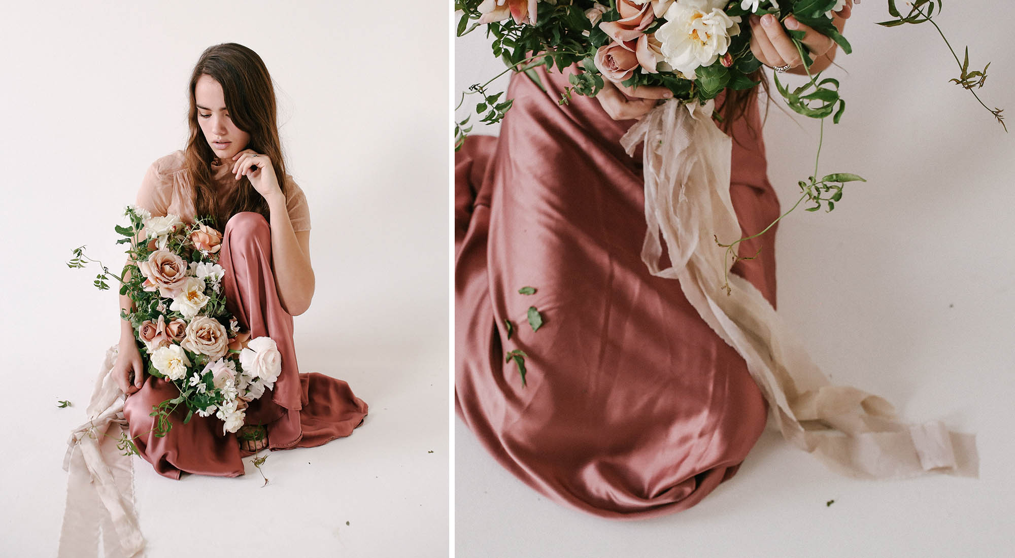 Chiffon Ribbon wedding bouquet stone color palette