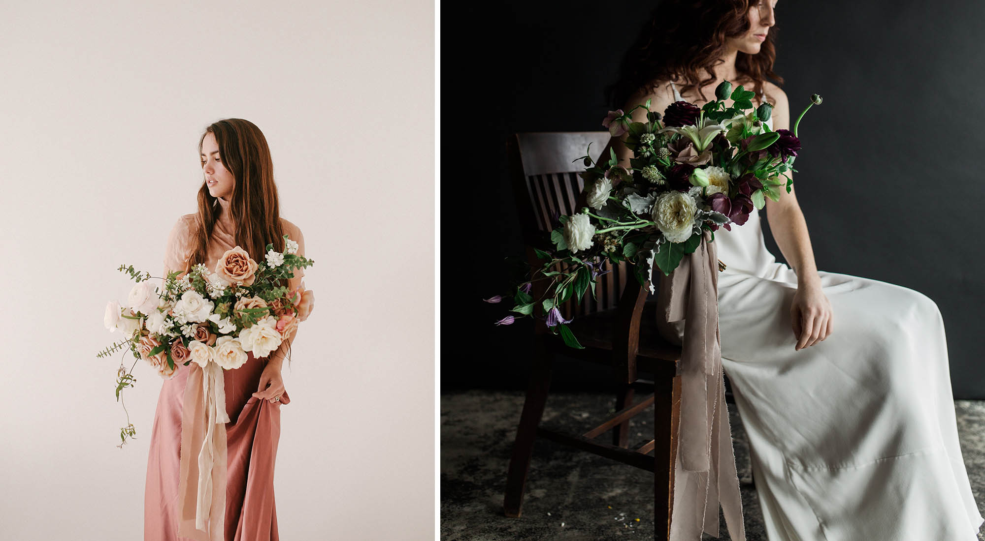 Chiffon Ribbon wedding bouquet Dark neutral color palette