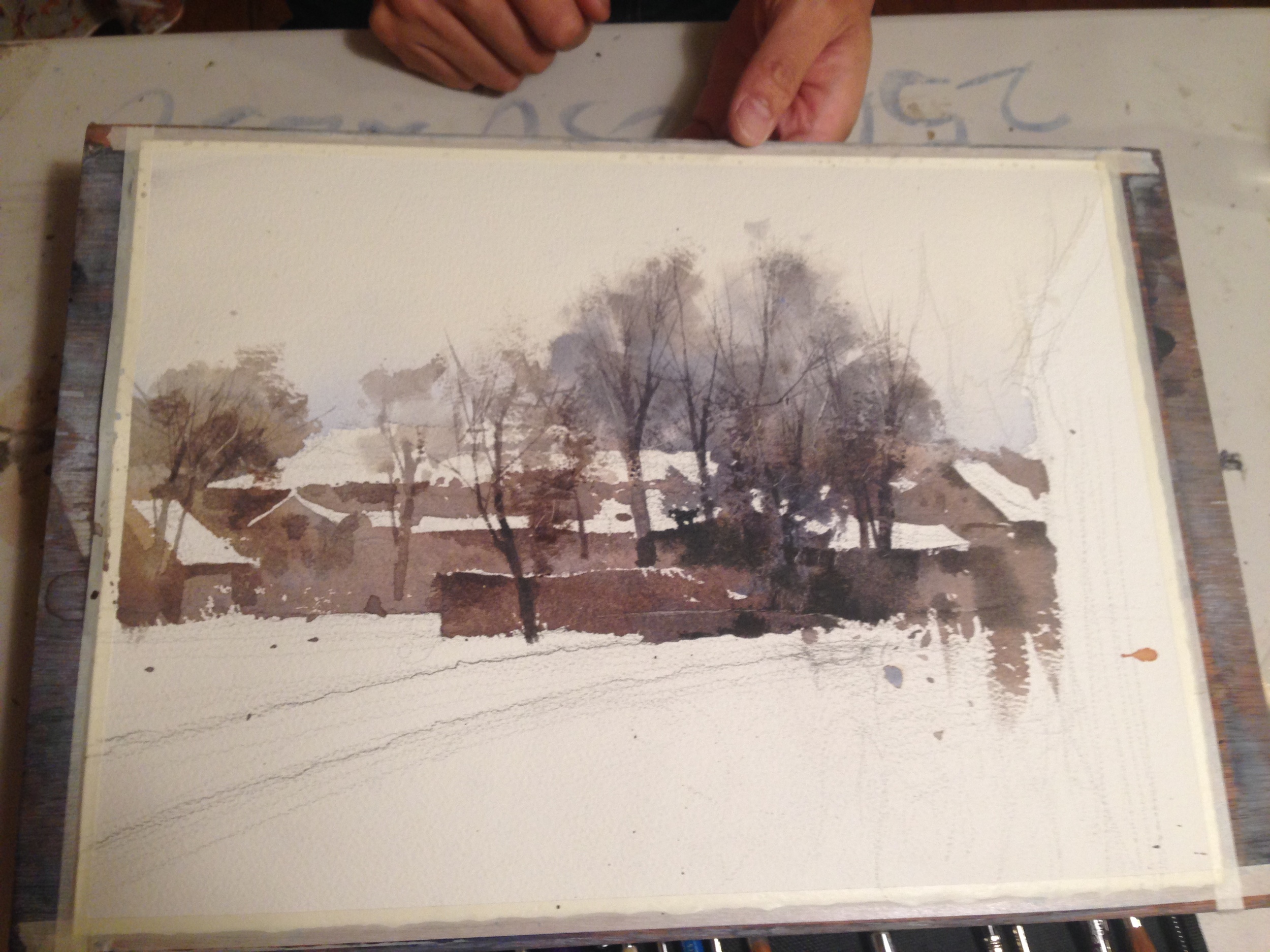 The trees take form but the inclusion of delicate dry brush work done on top of the earlier wet-into-wet work.