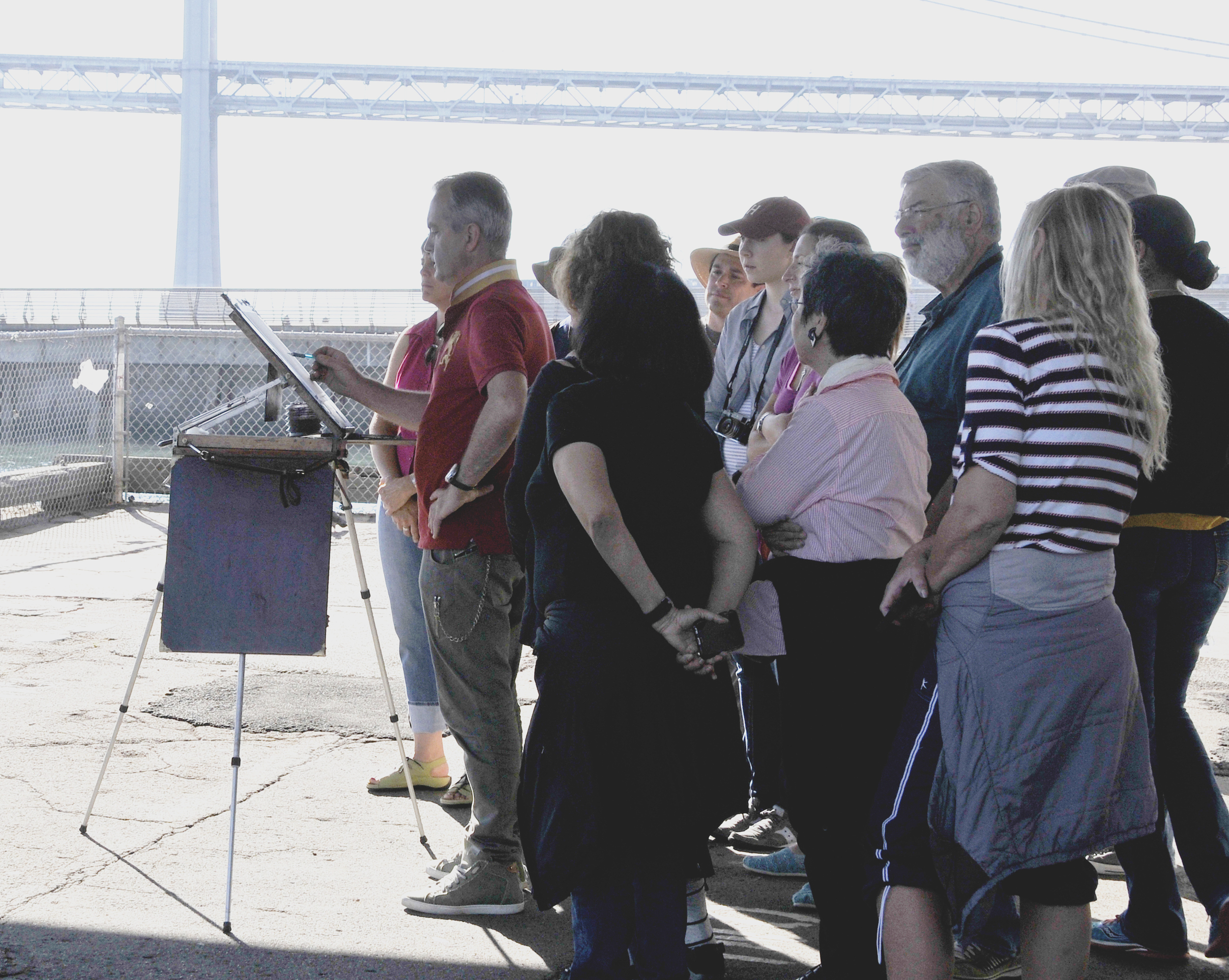 Here we all are down by the embarcadero. that's the bay bridge in the distance. We are just in the shade, so Joseph's easel has good, mellow light on it.