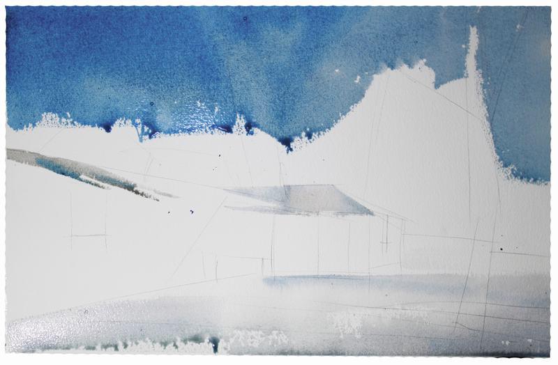 Note how he paints the shadows on the roofs early on, but doesn't bring the sky down all the way...