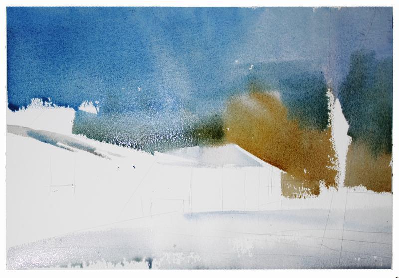 this allows him to paint in distant trees, wet into wet, but when he reaches the roof line...