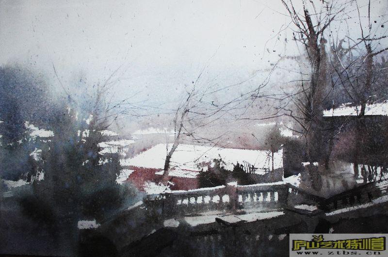 the all important foreground goes in at the end- twiggy trees and splatter creating depth. he's either cutting some of the forms in the foreground in at the end, painting negatively, or he is scratching them out.