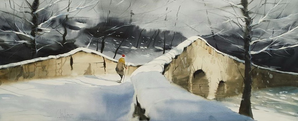 in this one, you can see the whites he preserved for the bridge railings, as well as the white he used for the tree branches. I suspect a bit of chinese white was used wet-into-wet for the snow flying by above the old man's head too.