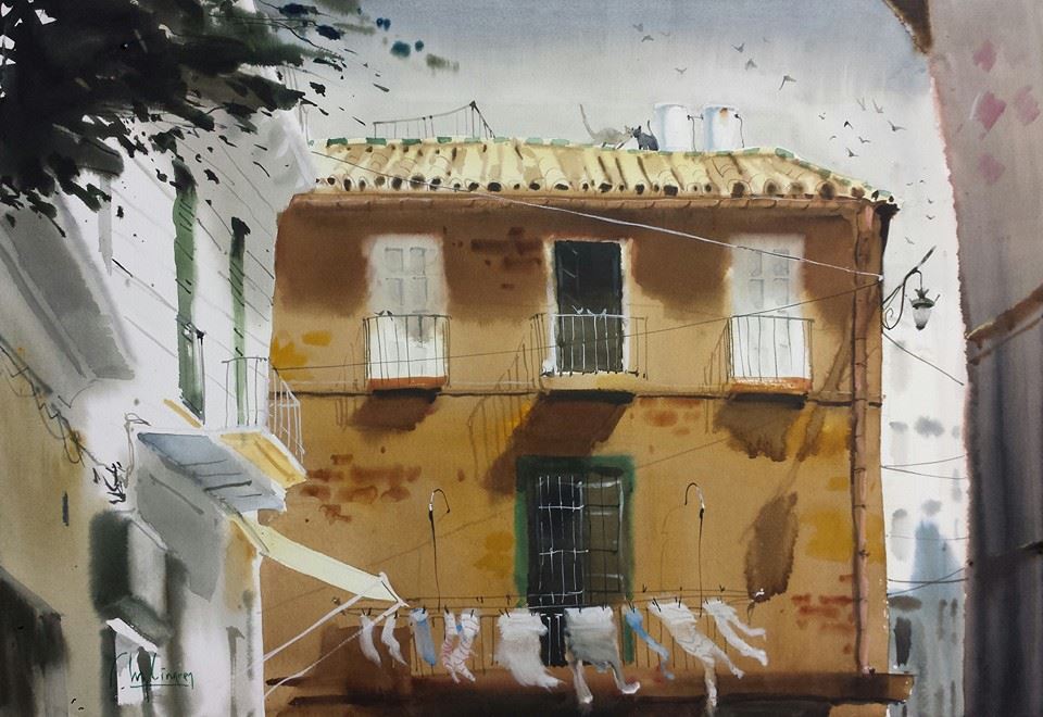 Something I love about his work are the edges. others would paint the white doors in this painting with hard edges, but he leaves them soft and diffuse. The outer edge of the brown building, however, has a clean, hard edge. My presumption is that he painted all around it first (doing the sky and other buildings) and then went into it once they were dry.