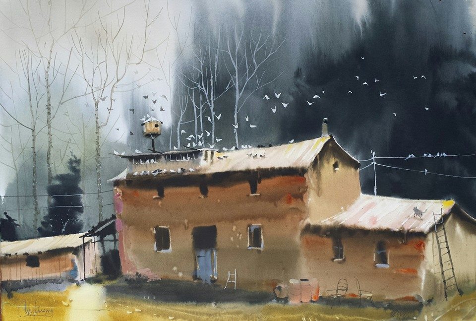 the heavy shadows under the awnings merge with the shaded side of the house. the darker areas at the foot of the walls pass for cast shadows. the soft edges bond the spaces together, as the house sinks into the forest behind it.