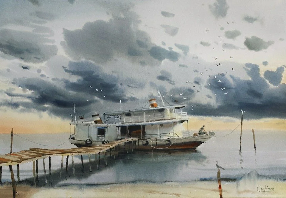 The boat is barely separated from the water. the wet into wet shadows of the dock, pylons, and boat reflection are little different from the clouds up above. even the cast shadows and doors on the form of the boat are soft edged. the similarity of form and edges binds the painting together. 