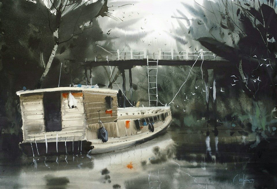 here you can see how he has scraped for the tree on the left, and used chinese white for the ladder and ropes. Did he using masking fluid for the birds? I'm not sure, but maybe.