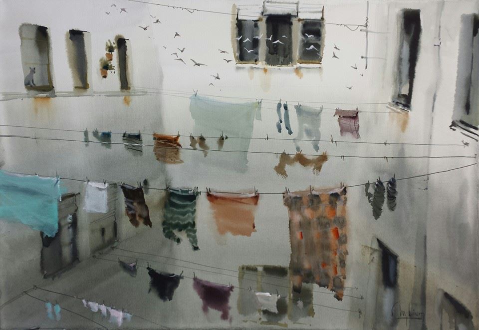 the walls of this courtyard gently descend into darkness. the cast shadows barely exist, and the paper-white not at all. there's little difference between the hanging laundry and the dark windows. instead, the painting rests on the arrangement of forms, and the story it tells about cats, birds, and absent humans