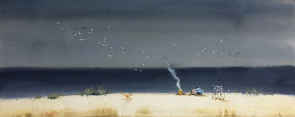 the composition in this painting is interesting to me because of how unnaturally bright the beach is, given the dark value of the ocean and the dark cloudy sky. It makes the beach and the people stand out, but also expresses the subtle feeling of a sunny, welcoming beach against a dark, unwelcoming sky... without having to do much but contrast the values.