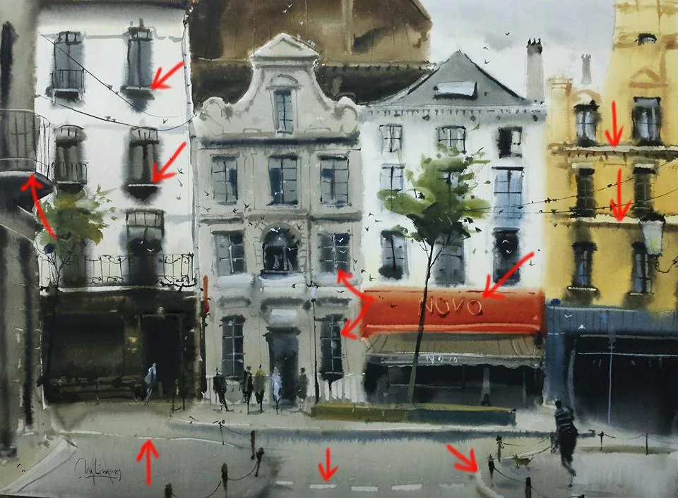 lots of scratching in this one one. all those little window sills and edges, the words on the awning, etc. 