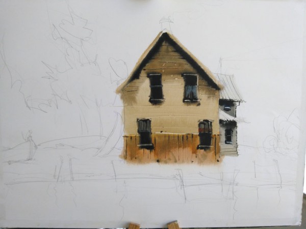In this closeup, you can see the control he's exercising on the house. Note too, how he's painting "geographically," instead of in "global" glazes. this lets him keep a harder edge against the house, because the whole painting isn't wet at once